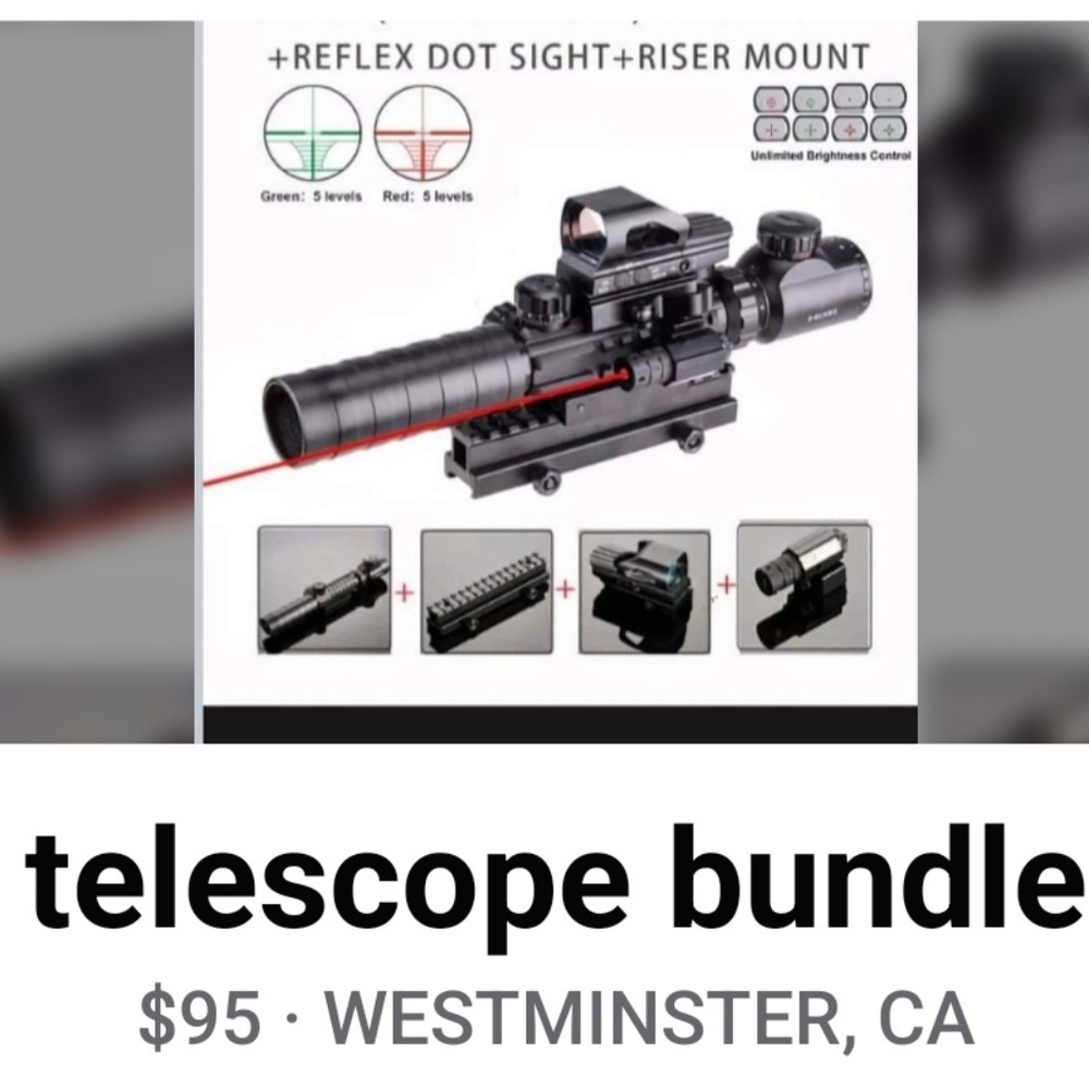 3x9 optics with built in rangefinder.Reflex red dot. Picitanny riser. red Lazer.